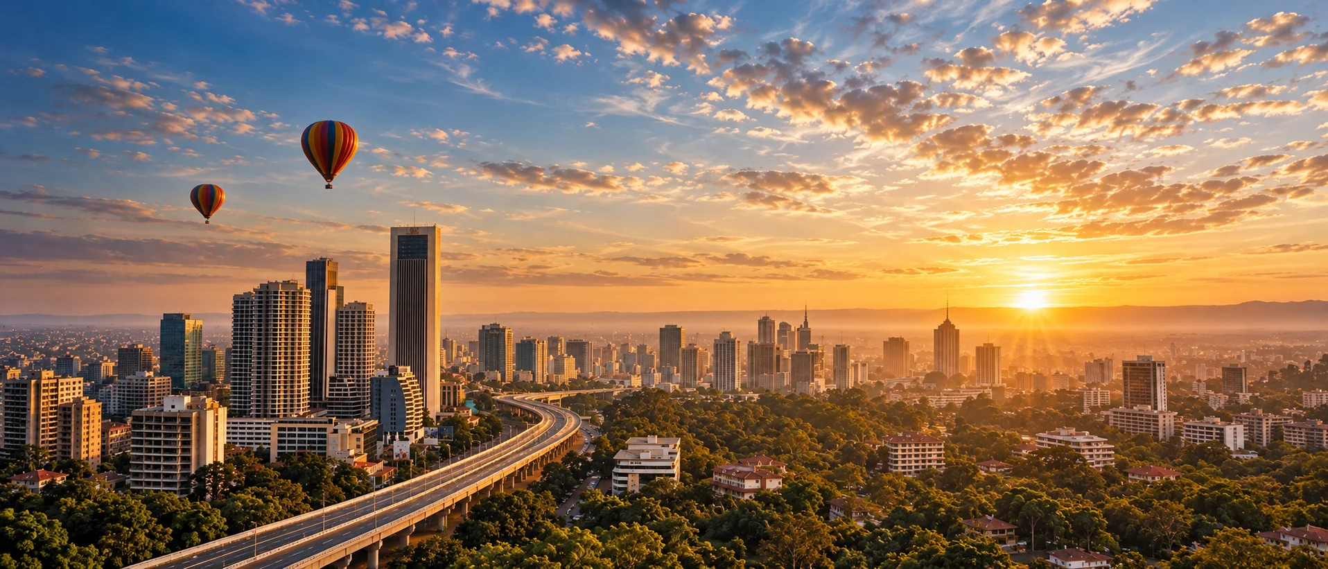 Creative Nairobi skyline illustration at sunrise, with the expressway and hot-air balloons