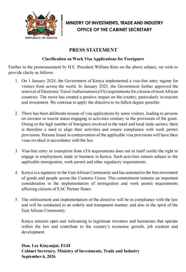 Kenya Clarifies Work Visa and Permit Requirements for Foreign Investors and Businesspersons